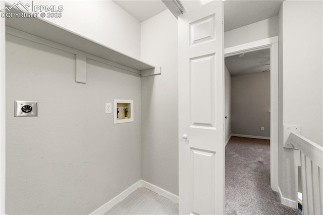 laundry area with carpet flooring, hookup for an electric dryer, and hookup for a washing machine