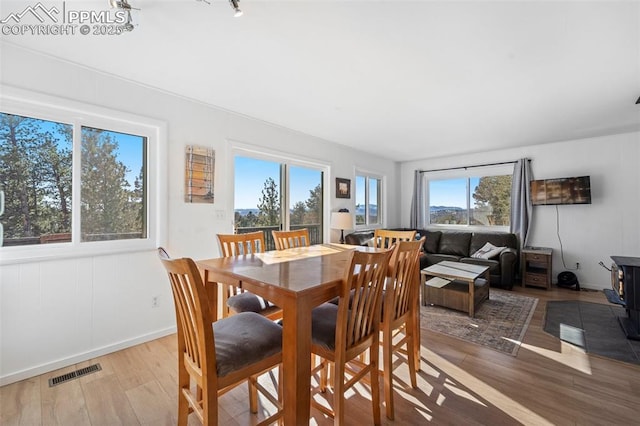 dining area featuring light wood-type flooring, plenty of natural light, and a wood stove