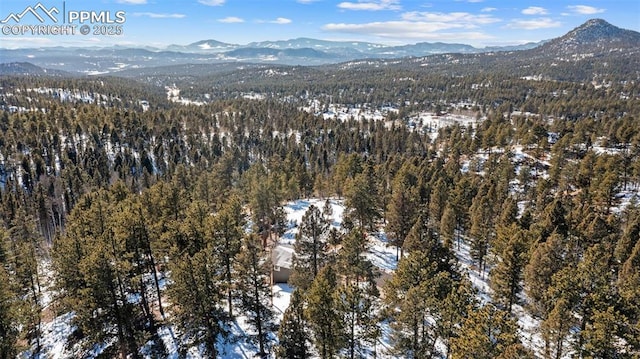 snowy aerial view with a mountain view