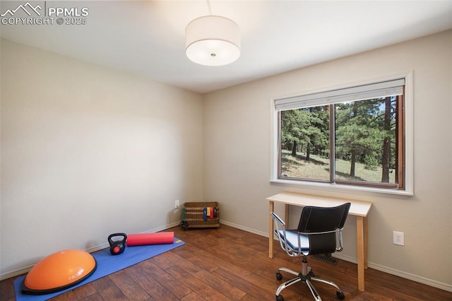 office space featuring dark wood-type flooring