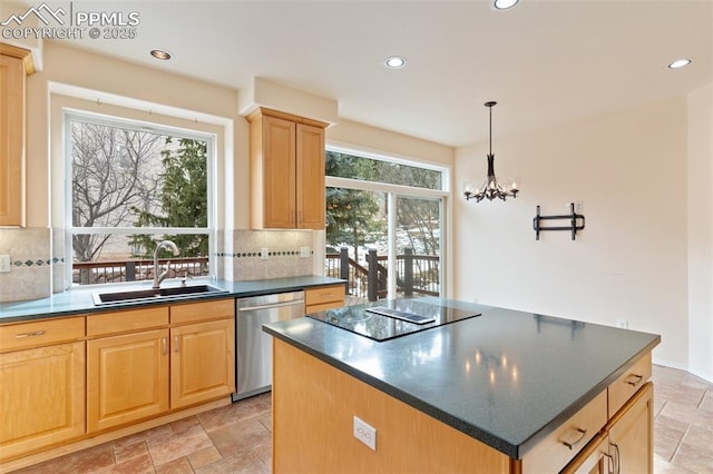 kitchen featuring sink, dishwasher, backsplash, black electric stovetop, and a kitchen island