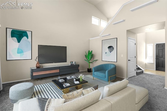 carpeted living room with plenty of natural light and high vaulted ceiling