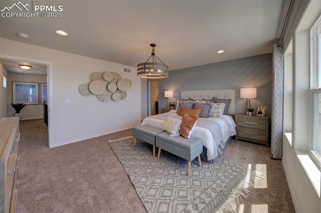 bedroom with light colored carpet