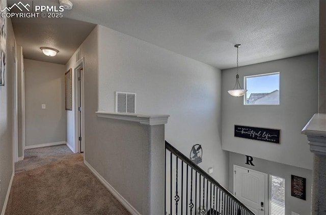 interior space with light colored carpet and a textured ceiling