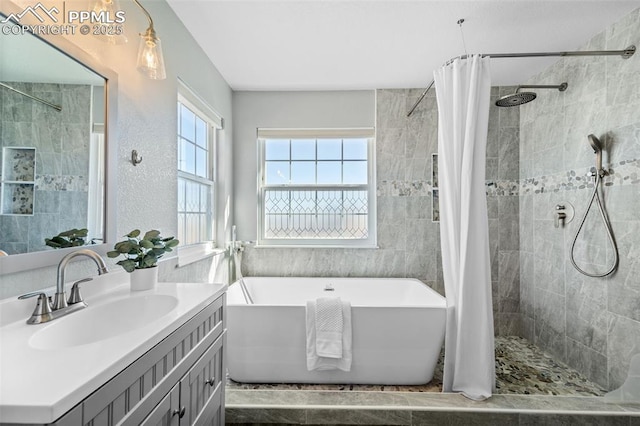 bathroom featuring vanity and plus walk in shower