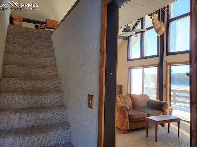 staircase featuring ceiling fan and a high ceiling