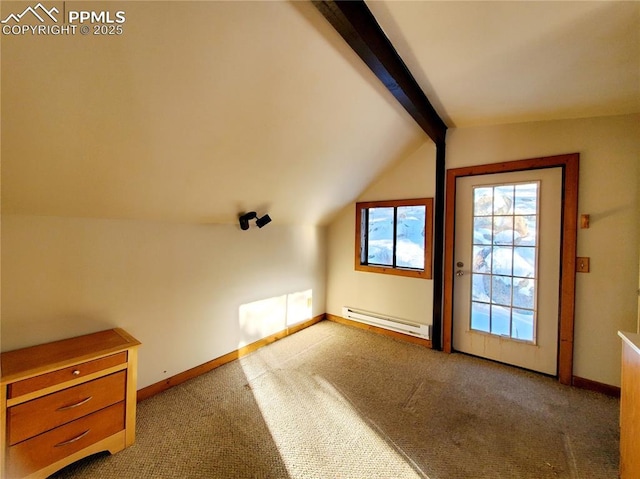 additional living space with carpet floors, lofted ceiling with beams, and baseboard heating