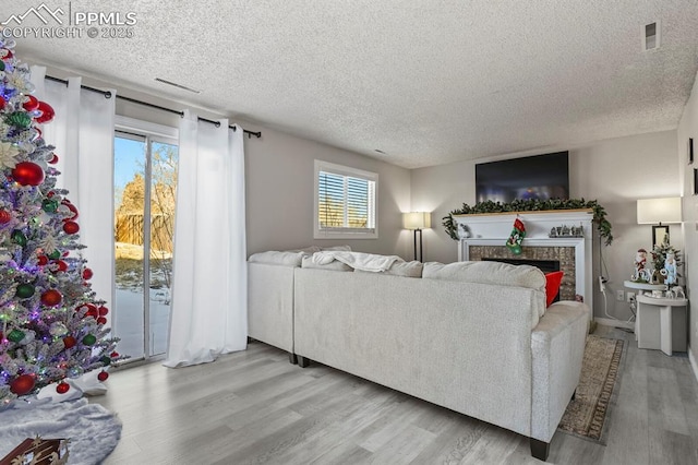 living room with a textured ceiling and light hardwood / wood-style flooring