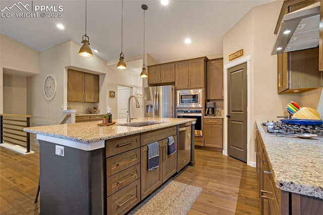 kitchen featuring appliances with stainless steel finishes, ventilation hood, an island with sink, sink, and hanging light fixtures