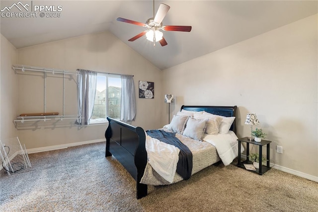 carpeted bedroom featuring ceiling fan and vaulted ceiling