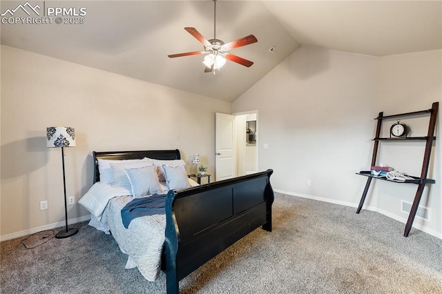 carpeted bedroom with lofted ceiling and ceiling fan