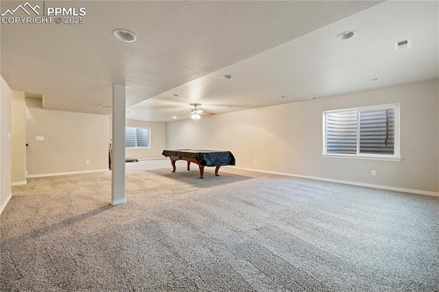 rec room featuring ceiling fan, billiards, and light carpet