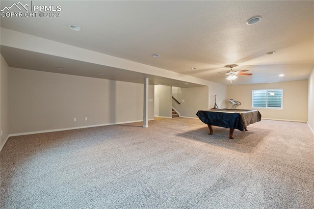 game room featuring ceiling fan, light colored carpet, and pool table