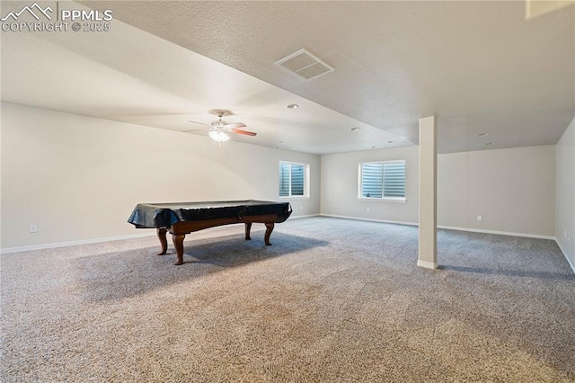 rec room with carpet, ceiling fan, and billiards