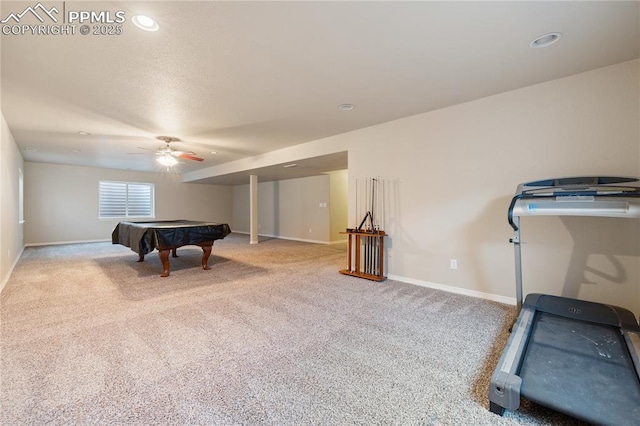 game room with carpet floors, pool table, and ceiling fan