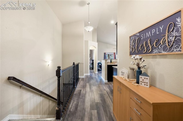 hall with dark hardwood / wood-style floors and high vaulted ceiling