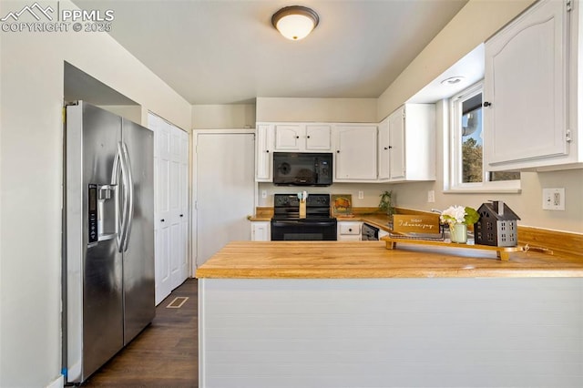 kitchen featuring white cabinetry, range with electric stovetop, kitchen peninsula, and stainless steel refrigerator with ice dispenser