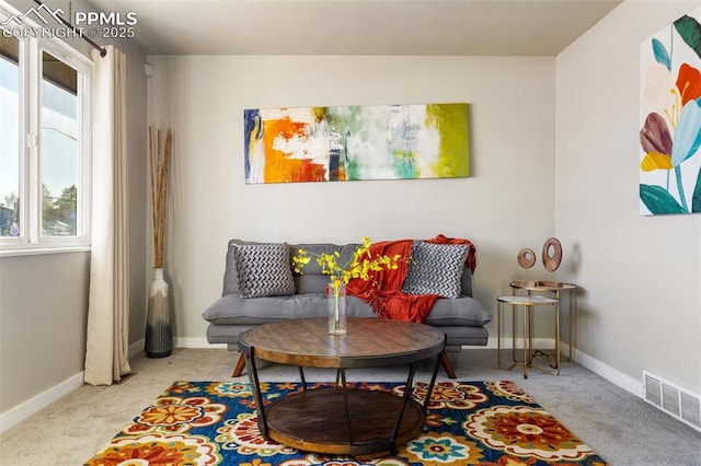 sitting room featuring light colored carpet