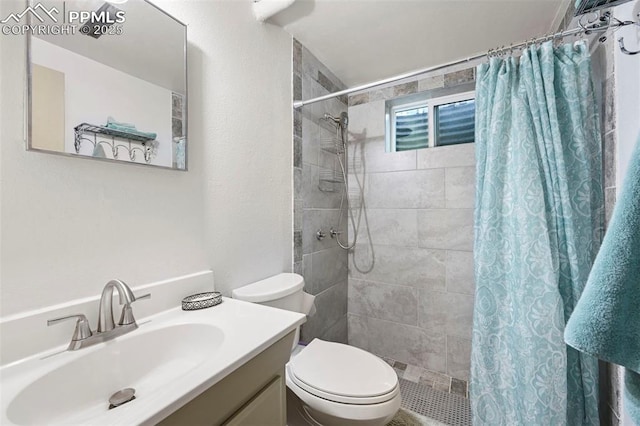 bathroom featuring toilet, vanity, and a shower with shower curtain