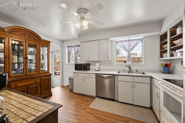 kitchen featuring sink, light hardwood / wood-style flooring, white cabinetry, white range with electric stovetop, and stainless steel dishwasher