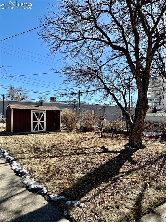 view of yard with a storage shed