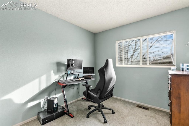 carpeted home office with a textured ceiling