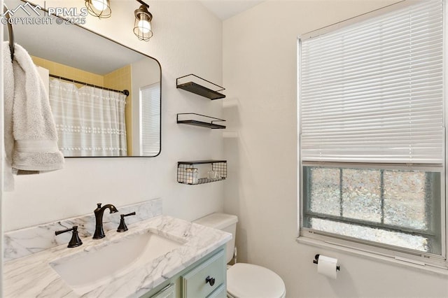 bathroom featuring vanity, a shower with shower curtain, and toilet