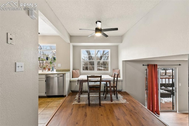 dining room with ceiling fan, sink, a textured ceiling, and light wood-type flooring