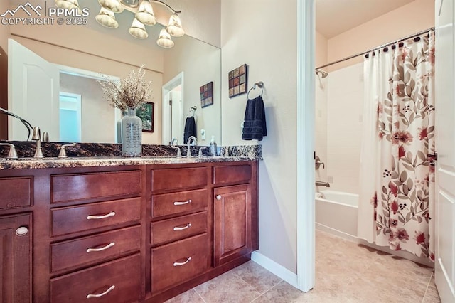 bathroom featuring tile patterned flooring, vanity, shower / bath combination with curtain, and a chandelier