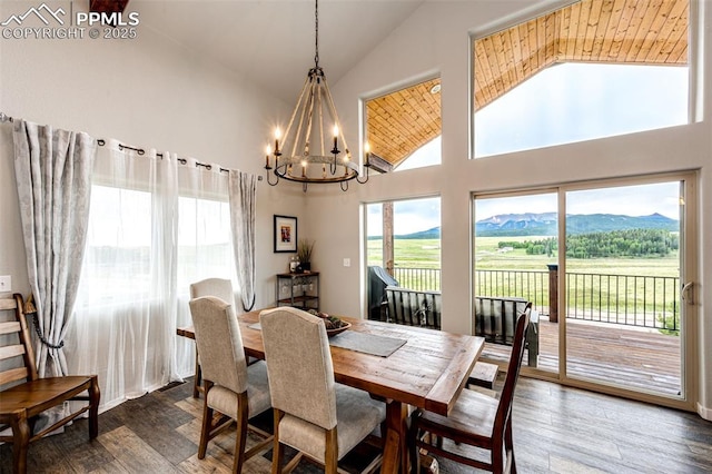 dining space featuring an inviting chandelier, high vaulted ceiling, dark hardwood / wood-style floors, a mountain view, and wooden ceiling