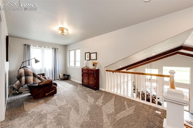 living area featuring lofted ceiling, carpet, and a textured ceiling