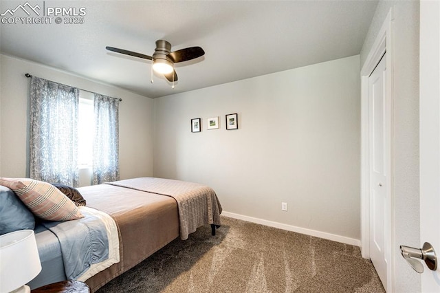 bedroom featuring carpet, ceiling fan, and a closet