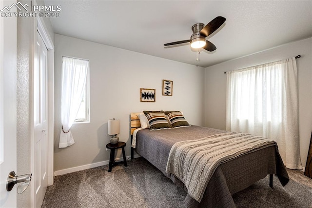 bedroom with multiple windows, ceiling fan, and carpet