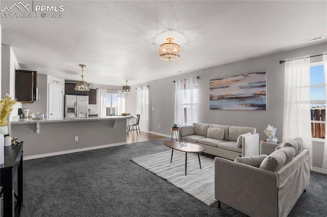 carpeted living room featuring a healthy amount of sunlight, an inviting chandelier, and a textured ceiling