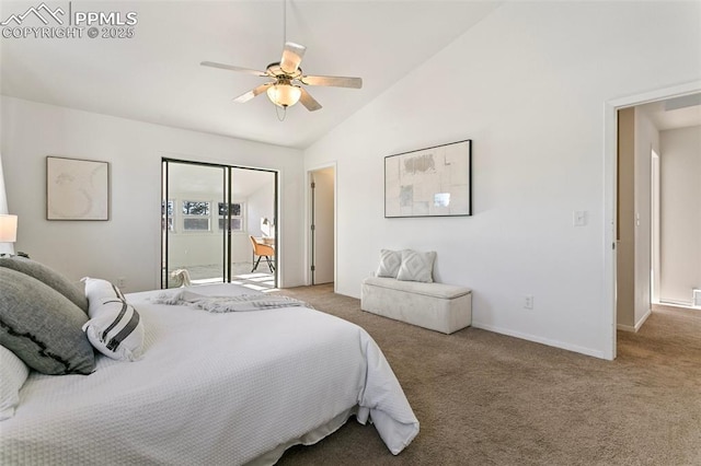 bedroom featuring ceiling fan, carpet flooring, and high vaulted ceiling