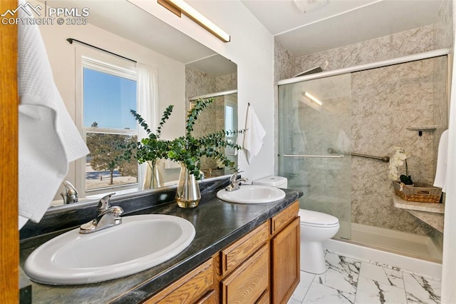 bathroom with toilet, vanity, and a shower with shower door