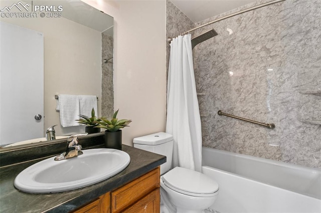 full bathroom featuring vanity, shower / bath combination with curtain, and toilet