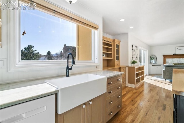 kitchen featuring a healthy amount of sunlight, light stone countertops, sink, and light hardwood / wood-style flooring