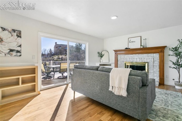 living room featuring hardwood / wood-style flooring and a fireplace