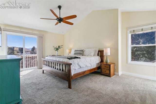 bedroom featuring ceiling fan, vaulted ceiling, carpet, and access to outside