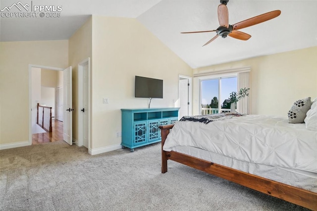 bedroom with lofted ceiling, access to exterior, light colored carpet, and ceiling fan