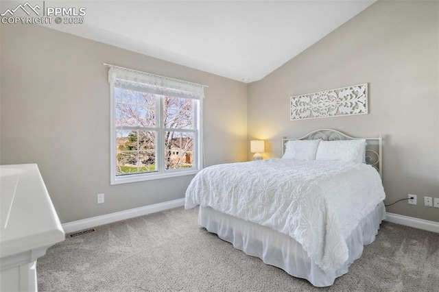 carpeted bedroom with lofted ceiling