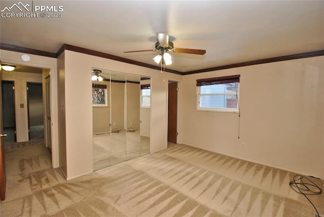 unfurnished room featuring ceiling fan, ornamental molding, and carpet