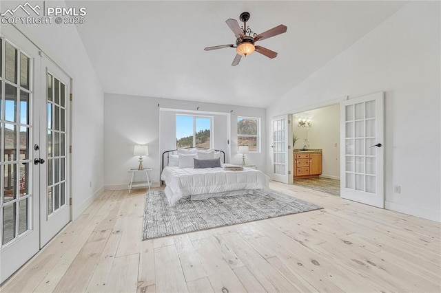 1636 Lakemoor Dr, Florissant, CO 80816 - unfurnished bedroom featuring hardwood / wood-style floors, lofted ceiling, access to exterior, and french doors