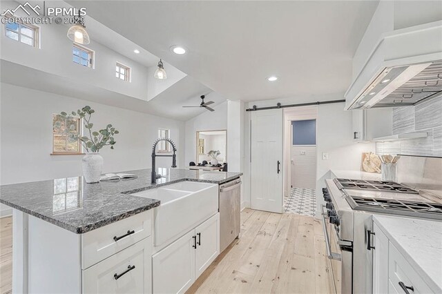 1636 Lakemoor Dr, Florissant, CO 80816 - kitchen featuring custom exhaust hood, ceiling fan, stainless steel appliances, a barn door, and a sink