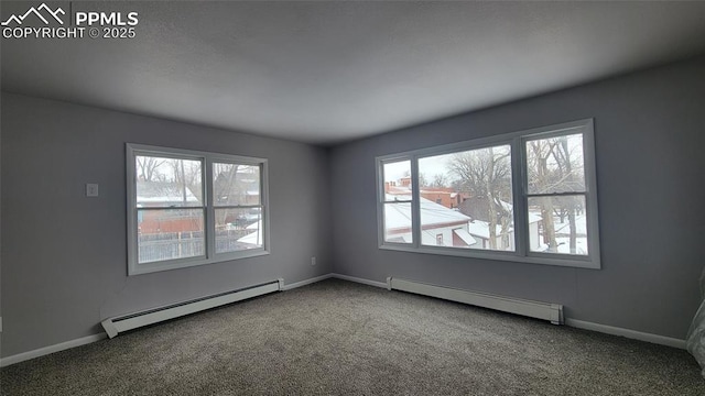 unfurnished room featuring carpet floors and baseboard heating