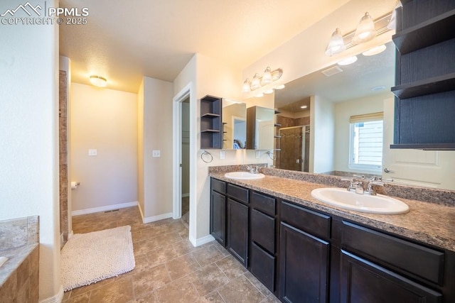 bathroom featuring vanity and plus walk in shower