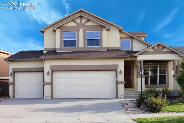 view of front of home with a shingled roof, concrete driveway, an attached garage, and stucco siding