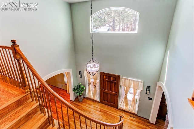 entrance foyer with a towering ceiling and hardwood / wood-style floors