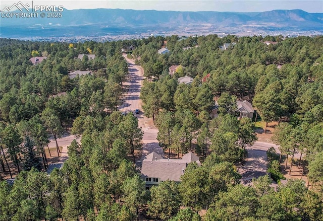 drone / aerial view featuring a mountain view